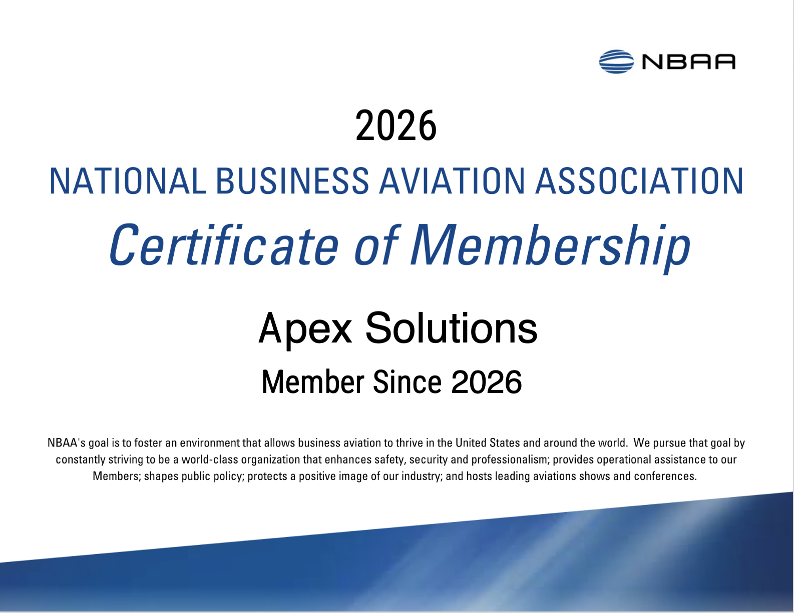 NBAA Membership Certificate awarded to Apex Solutions