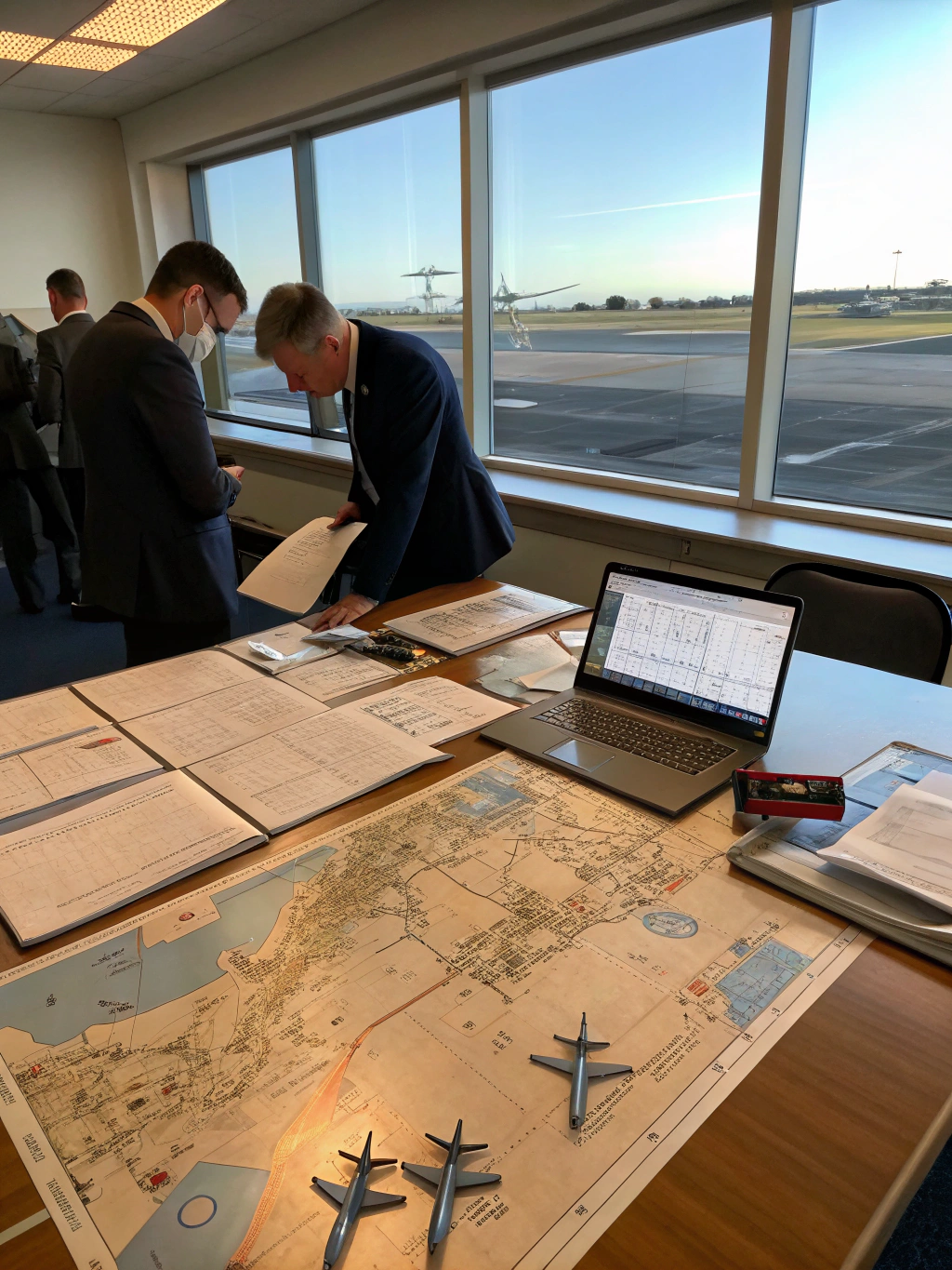 Corporate aviation consulting team gathered in a boardroom analyzing operational plans