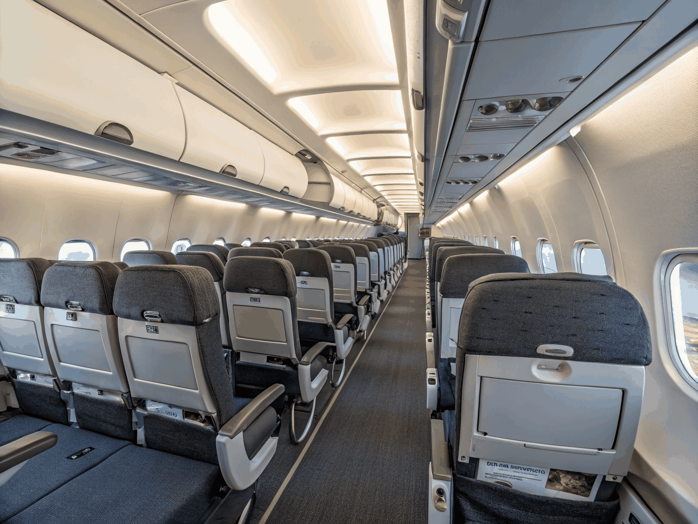 Spacious commercial airliner cabin interior with modern passenger seating