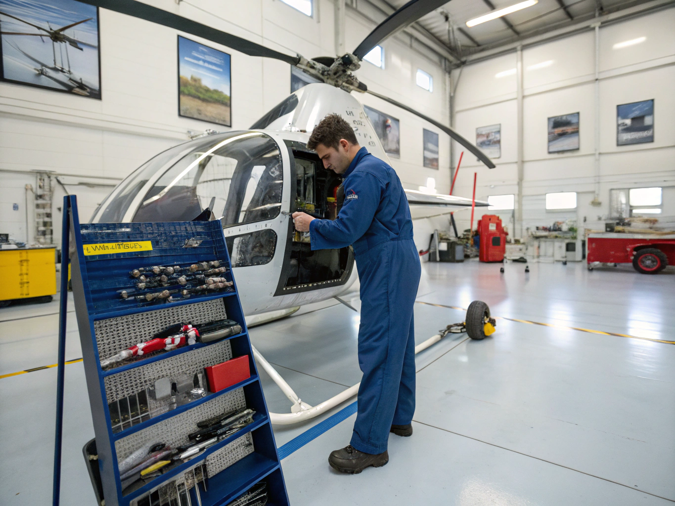 Aviation technician inspecting a turbine inside a hangar